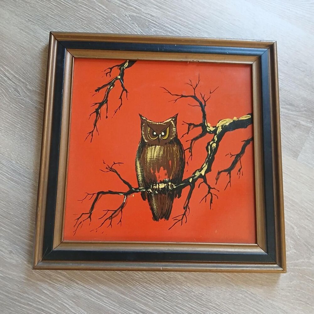 Mid Modern Century Vintage 60's Retro Art Owl Painting Wood Frame
